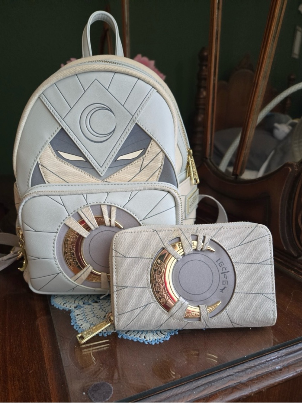 Loungefly Light Gray Moon Emblem Mini Backpack with Matching Wallet